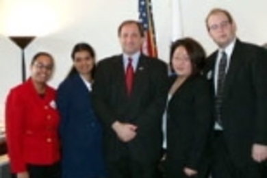 Left to right: Johanna Hardy of the MIT Washington Office, MIT student Richa Shyam, Rep. Michael Capuano, and MIT students Sandra Pae and Chris Salthouse during their Washington visit.