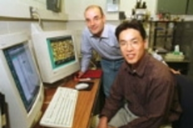 Claudio DeRosa (left) of the University of Naples and graduate student Cheolmin Park display examples of nanoscale patterns made using a process they developed.
