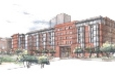 Conceptual rendering of the proposed graduate student dormitory at Sidney and Pacific Streets, as seen from across Sidney Street.