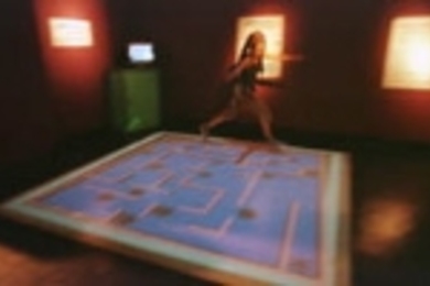 Sculptor Sue Whitmore hurls herself around Metafield Maze, part of Thinkapalooza at the MIT Museum.