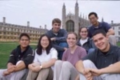 The first MIT student participants in the MIT-University of Cambridge exchange program are (left to right) Linus Park, Gina Kim, Kevin Lang, Michelle Lefebvre, Kristin Clements, Jeremy Cheng and Liam Bossi, shown at Kings College, founded in 1441.