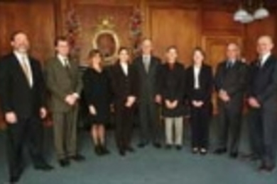 The 2001 MacVicar Faculty Fellows gathered for a special luncheon with members of the Corporation. Left to right: Dean for Undergraduate Education Robert P. Redwine; MacVicar Fellows David A. Mindell, Janet Sonenberg and Heidi Nepf; President Charles M. Vest; MacVicar Fellows Anne M. Mayes and Mary Boyce; Provost Robert A. Brown; and MacVicar Fellow J. Kim Vandiver.