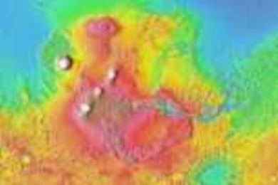 EAPS research scientist Gregory Neumann teamed up with Paul Withers, a graduate student at the University of Arizona, to produce high-resolution shaded relief maps of the northern plains of Mars from the Mars Orbiter Laser Altimeter (MOLA). The maps show that the plains display wrinkle ridges, which are formed by stresses associated with the volcanic Tharsis Rise, shown above. The researchers noti...