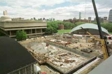 The Zesiger Sports and Fitness center as seen from the roof of the Johnson Athletics Center, now taking shape between Kresge Auditorium, the Stratton Student Center and Rockwell Cage (left foreground).