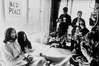 Yoko Ono staged "Bed-In for Peace" with her husband John Lennon of The Beatles in the Amsterdam Hilton Hotel in 1969.
