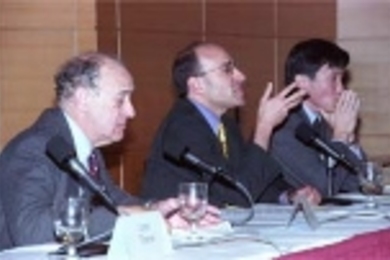 Left to right: Professors Ezra Vogel of Harvard, Edward Steinfeld of MIT and Yasheng Huang of Harvard responded to Professor Lester Thurow's comments on China's economy during the Oct. 17 panel discussion sponsored by the Stratton Lecture on Critical Issues.