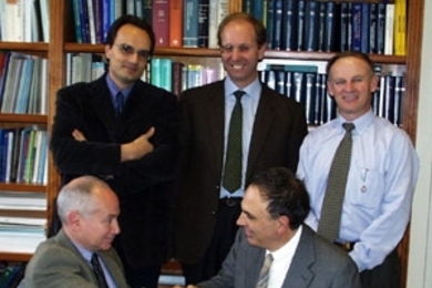 MIT Professor Lionel Kimerling (left) and Pirelli Labs Optical Innovation        Vice President Giorgio Grasso (right) gathered with (left to right) Dr.        Massimo Gentili, Head of Nanotechnology, Pirelli Labs Advanced R&amp;D;        Dr. Marco Romagnoli, Head of the Optical Devices, Pirelli Labs Advanced        Photonics Research; and Dr. George Kenney, MIT Microphotonics Center Associate    ...