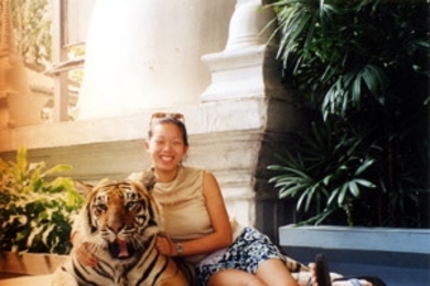 Jessica Tsay with her newfound feline friend in Thailand.