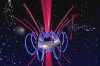 Artist's impression of the hottest tango in the universe--a torus formed from the debris of a star spins around a rotating black hole. The black hole leads the torus around, feeding it energy which the torus radiates away as unseen gravitational waves. At the same time, jets of energy are released along the black hole's axis of rotation and may later be detected by satellites as gamma-ray bursts.