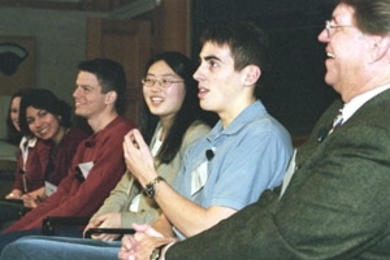 Students participating in a MacVicar Day videoconference were (left to right)  Rebecca Griffiths, Maral Shamloo, Tim Richards, Gina Kim, Kevin Lang. Professor  John Vander Sande moderated