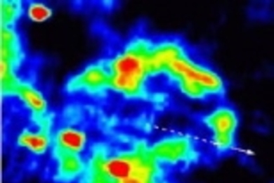 Infrared image of supernova remnant; dashed line and arrow indicate pulsar's motion detected by VLA.