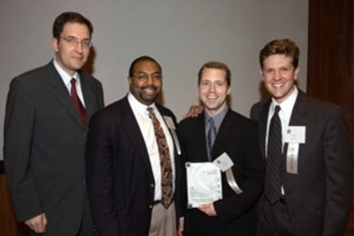 Ancora Pharmaceuticals won the MIT $50K Entrepreneurship Competition. Left to right: team members Professor Peter Seeberger of chemistry, Carmichael Roberts (M.B.A. 2000), Obadiah Plante (Ph.D. 2001) and Sloan graduate student Jeremy Bender bask in the glory of their win.