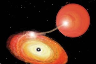 An artist's conception of an X-ray pulsar in a binary star system: Matter from a companion star is channeled onto a rapidly spinning neutron star at its magnetic poles.