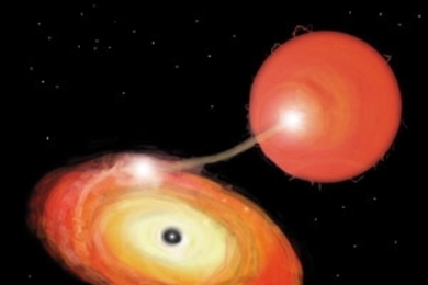 This artist's conception of an X-ray pulsar in a binary star system          shows matter from a companion star being channeled onto a rapidly spinning neutron star at its magnetic poles.