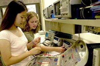 Kyung Chang, 18, and Elena Glassman, 15, work together on a project at the first Women's Technology Program at MIT.