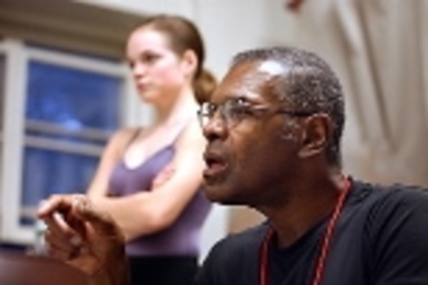 Sophomore Anna Bergren watches as world-renowned choreographer Gus Solomons instructs other MIT dancers.