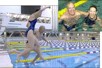 Al  and Barrie Zesiger enjoy an early morning swim Friday before dedication ceremonies  for the Zesiger Center.