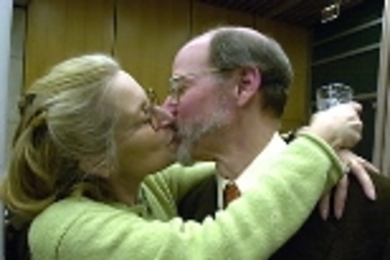 After his lecture on Friday, newly minted Nobelist Robert Horvitz gets a kiss from his wife, Martha Constantine-Paton, also a professor in biology at MIT.