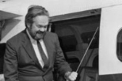 M. Curt Young right, president of Atlantic City Airlines, greets MIT Professor Eugene Larrabee. Undated file photo, MIT Museum