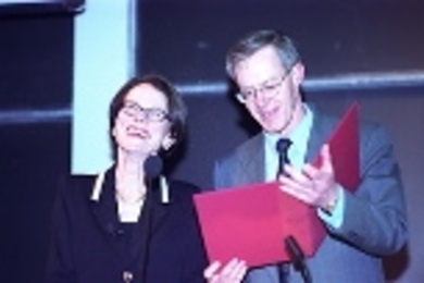 Ann Graybiel (left), professor of neuroscience and Medal of Science winner, is commended by faculty chair Stephen Graves prior to the Killian lecture Monday.
