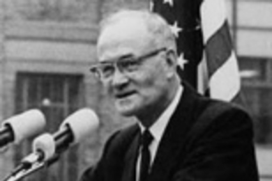 Cecil Green speaking at the dedication of the Green Building in 1964.
