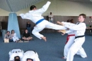 Bobby Ren '05 breaks a wooden board for his sponsor with a flying sidekick