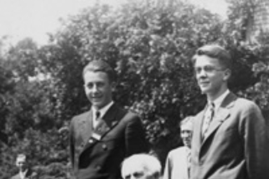 Wilber B. Huston (right) and Arthur O. Williams Jr. (S.B 1934) flank their benefactor, inventor Thomas A. Edison, at the announcement that Williams won the second Edison contest scholarship in 1930. Below: a recent snapshot of Huston.