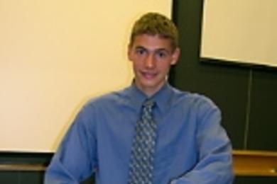 Kevin Sheridan of Lexington High explains his research on how recycled materials can be used for housing insulation.
