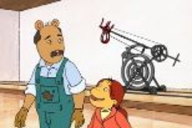 The two Arthurs -- the animated Ganson (above) with Muffy on PBS's "Arthur," and the artist at the MIT Museum (below) with his kinetic sculpture "Machine With Wishbone," which is featured in the cartoon episode.