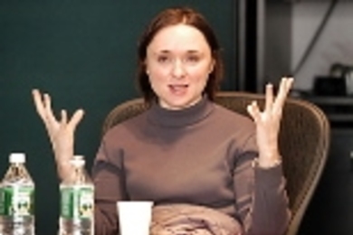 NPR commentator Sarah Vowell speaks with students at the Media Lab.