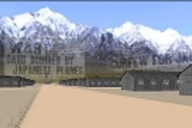 In a 3-D simulation of the Manzanar internment camp the sky is filled with headlines of the events that led to the internment of Japanese-American families during World War II.
