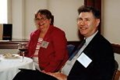 Bonnie Tuohy and Fred Rosenberg of Lincoln Lab enjoy themselves at the Quarter Century Club luncheon.