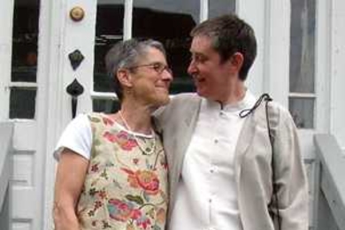 Jeannie Hess (left) and Professor Lorna Gibson leaving their house for their wedding in the Arnold Arboretum on May 21.