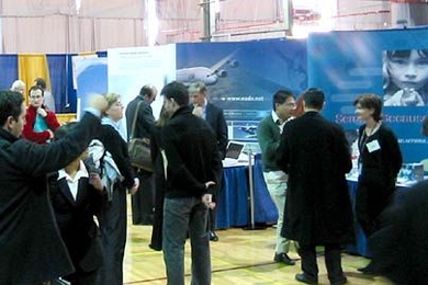 Students and representatives from European companies mill about MIT's Rockwell Cage during the European Career Fair, the only fair of its kind in the U.S.