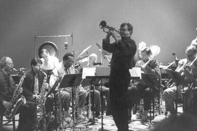 The Aardvark Jazz Orchestra, shown performing with MIT Lecturer Mark Harvey on trumpet, will perform a free concert Saturday, April 30, at Kresge Auditorium.