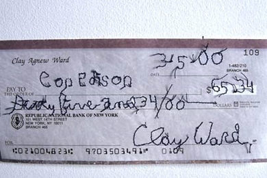 Clay Ward signed personal checks with stitches for his installation 'Sewn Checks,' now on exhibit in a New York gallery.