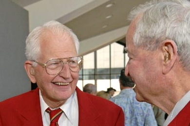 Nearly 3,000 alumni and guests, including Don Bishop '50, left, and Graham Sterling '48, S.M. '49, attended Tech Reunions, June 2-5, on campus. Cardinal and Gray Society members have reached their 50th reunion. They wear red jackets, a tradition since 1966.