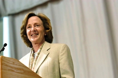 MIT President Susan Hockfield greets her 'fellow freshmen' at Freshman Convocation on Monday, Aug. 29. 'It doesn't matter where you came from, what you look like or how much money you have,' Hockfield said in welcoming the Class of 2009. 'MIT is about raising the bar for yourselves and others.'