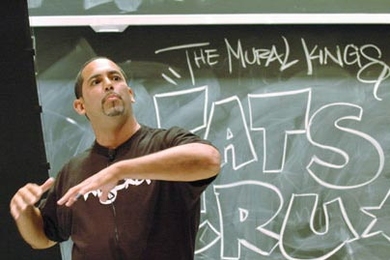 Graffiti artist Bio, a member of the graffiti art crew TATS CRU, tells an MIT audience about his move from the streets of the Bronx, N.Y., to corporate America.
