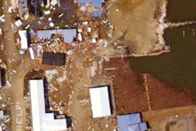 Aerial image of Grand Isle, La., taken on Aug. 31, 2005, two days after Hurricane Katrina struck the U.S. Gulf Coast.