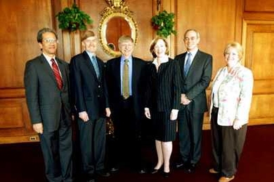 MacVicar Fellows Leslie Norford, second from left, and Dennis Freeman, third from left, were feted for educational excellence on Friday, March 3. Joining them are, from left, Dean for Undergraduate Education Daniel Hastings, President Susan Hockfield, Provost L. Rafael Reif and Victoria MacVicar, sister of Margaret MacVicar. Not pictured is MacVicar Fellow Samuel Bowring.