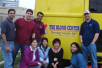 Seven Leaders for Manufacturing graduate students visited New Orleans in January to help out at the Blood Center. Standing, from left: Aamir Sundrani, Casey Phoenix, Subhrangshu Datta, Phil Richards. Front row, from left: Julie Go; Sabrina Chang; Suzy Potter, community development manager at the Blood Center; and Wini Hebalkar.