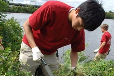 Freshman Jeff Xing of Maryland chops through weeds growing along the banks of the Charles River as part of the City Days volunteer effort on Sept. 1. Many freshmen, assisted by some upperclassmen, did a variety of projects including carpentry jobs, landscaping, pruning,  gardening and putting together welcome baskets for newborns.
