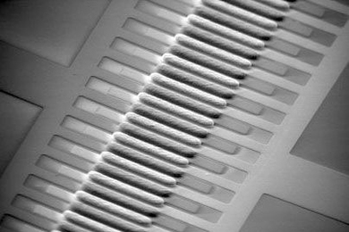 This micropump developed by MIT researchers allows high speed flows through microchannels with an input of only a few volts of electricity, making it possible to create portable "lab on a chip" devices.
The three-dimensional, alternating current electro-osmotic pump consists of interdigitated stepped gold microelectrodes on a glass substrate.