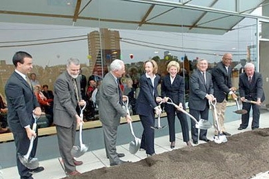 President of Simmons Hall Andrew Lukmann, a senior in civil and environmental engineering; Dean for Student Life Larry Benedict; Interim Executive Vice President Sherwin Greenblatt; MIT President Susan Hockfield; donors Ginny and Richard Simmons; Cambridge Mayor Kenneth Reeves; and City Manager Robert Healy lift their shovels to mark groundbreaking on Vassar Street in front of Simmons Hall.