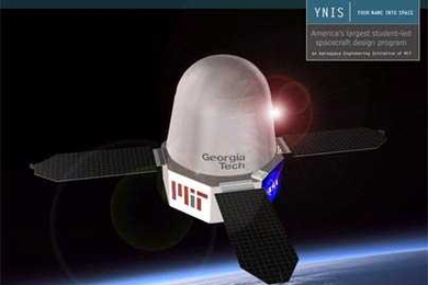 An artist's rendition of a spacecraft with logos from MIT, Georgia Tech and NASA. A group of MIT students is selling space on the satellite to help fund its building. When launched, the satellite would simulate a trip to Mars by sending mice into orbit around the Earth.