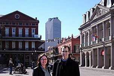 Lorlene Hoyt, assistant professor in urban studies and planning, with 
Philippe Morgan de Rivery, master's student, in New Orleans' French Quarter.
