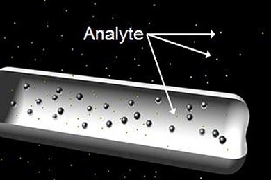 In this image, nanoparticles tailored to detect a particular molecule, or analyte, are suspended within a device that allows them to be delivered into a patient's body <a onclick="MM_openBrWindow('cancer-chip-a-enlarged.html','','width=509, height=583')">
<span onmouseover="this.className='cursorChange';">Open image gallery</span>
</a>
<noscript> <a href="cancer-chip-a-enlarged.html">
<em>(no ...