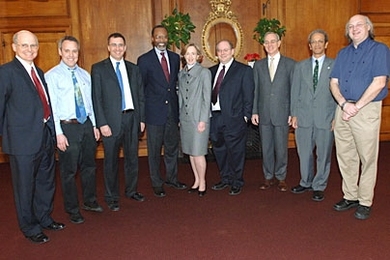 This year's MacVicar Faculty Fellows were feted at the annual MacVicar Day on March 2. From left to right, MacVicar Fellow Charles E. Leiserson of electrical engineering and computer science, MacVicar Fellow Yoel Fink of materials science and engineering, MacVicar Fellow Jonathan Gruber of the Sloan School of Management, Chancellor Phillip Clay, President Susan Hockfield, MacVicar Fellow James R. ...