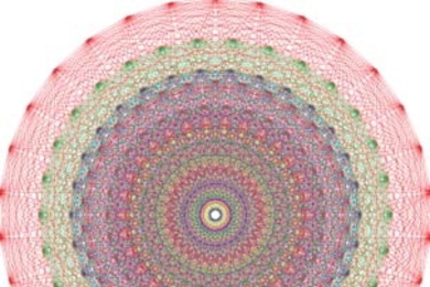 This graphic shows one visualization of the E8 group recently mapped by mathematicians. The graphic was computer-generated by John Sembridge, based on a drawing by Peter McMullen.